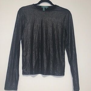 LAUREN Ralph Lauren Women’s LS Black & Silver Metallic Top XS